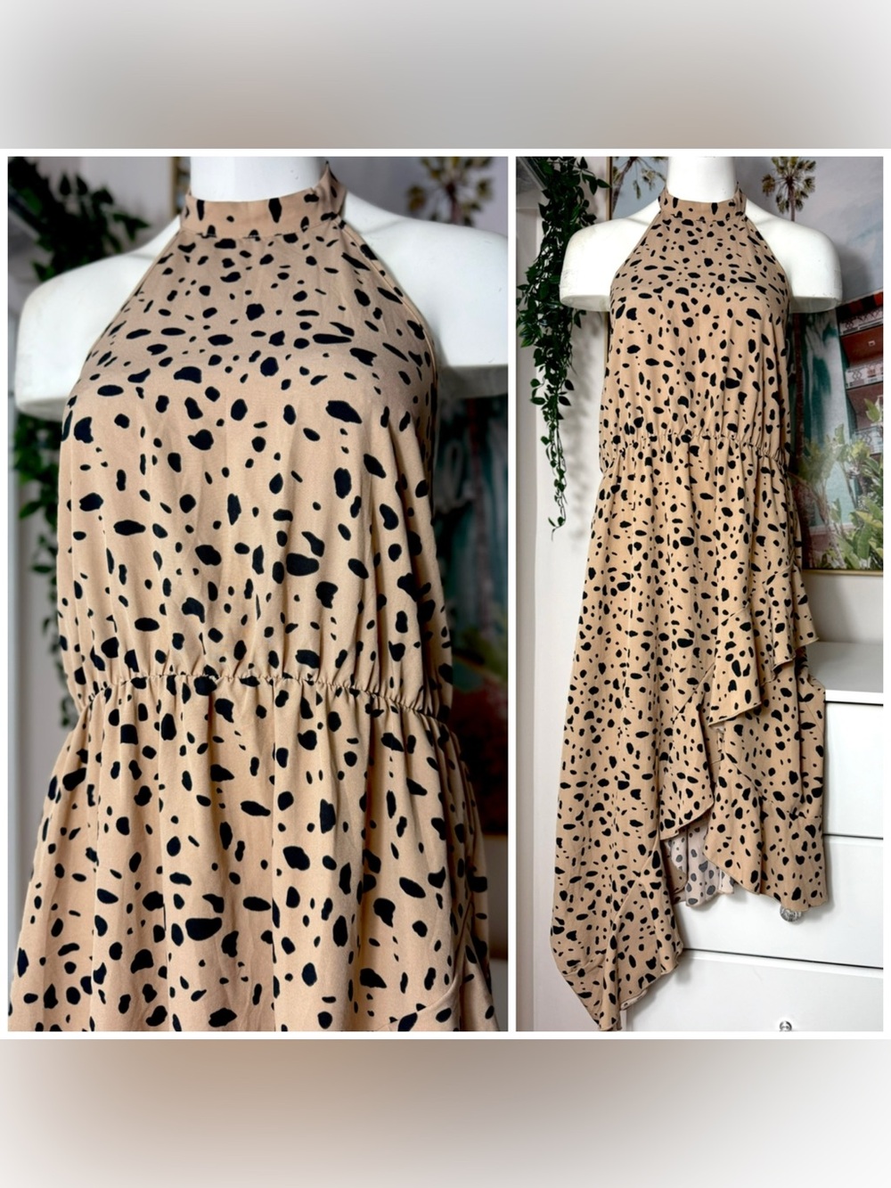 Shein Beige Black Cheetah Print Halter Ruffle Asymmetric Dress XL 12 Stretch